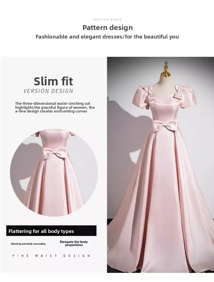 Pink French Satin Evening Dress for Women 2026 New Elegant Style Party Chorus Adult Ceremony Fashion Show Banquet Custom Dress