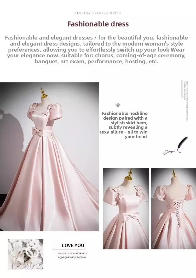 Pink French Satin Evening Dress for Women 2026 New Elegant Style Party Chorus Adult Ceremony Fashion Show Banquet Custom Dress