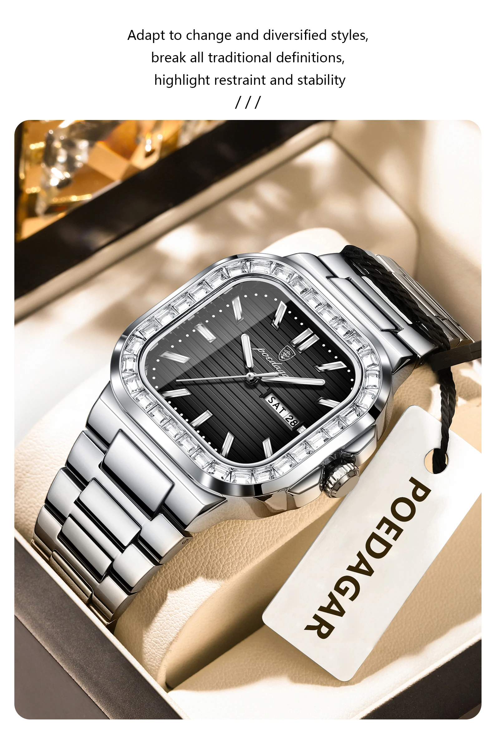 POEDAGAR Square Fashion Men's Watch Date Week Waterproof Luminous Quartz Man Watch Stainless Steel Luxury Sports Watches For Men