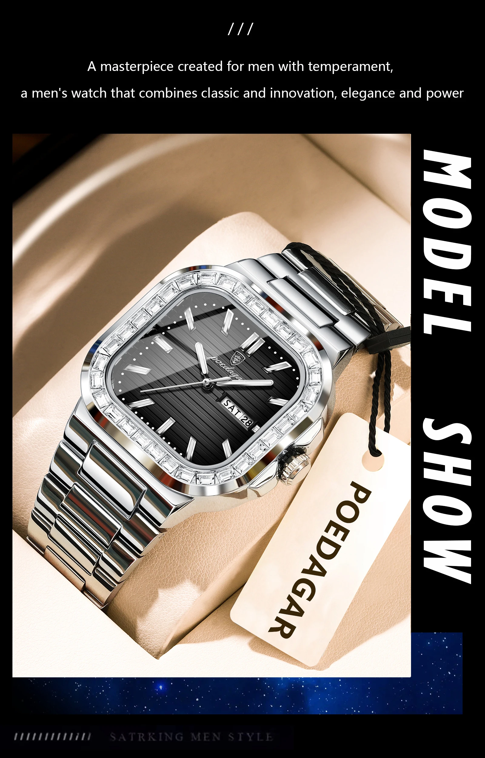 POEDAGAR Square Fashion Men's Watch Date Week Waterproof Luminous Quartz Man Watch Stainless Steel Luxury Sports Watches For Men