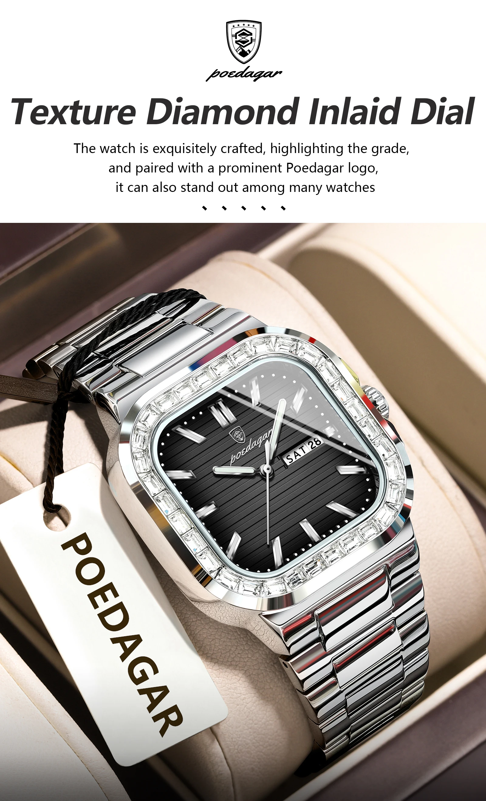 POEDAGAR Square Fashion Men's Watch Date Week Waterproof Luminous Quartz Man Watch Stainless Steel Luxury Sports Watches For Men