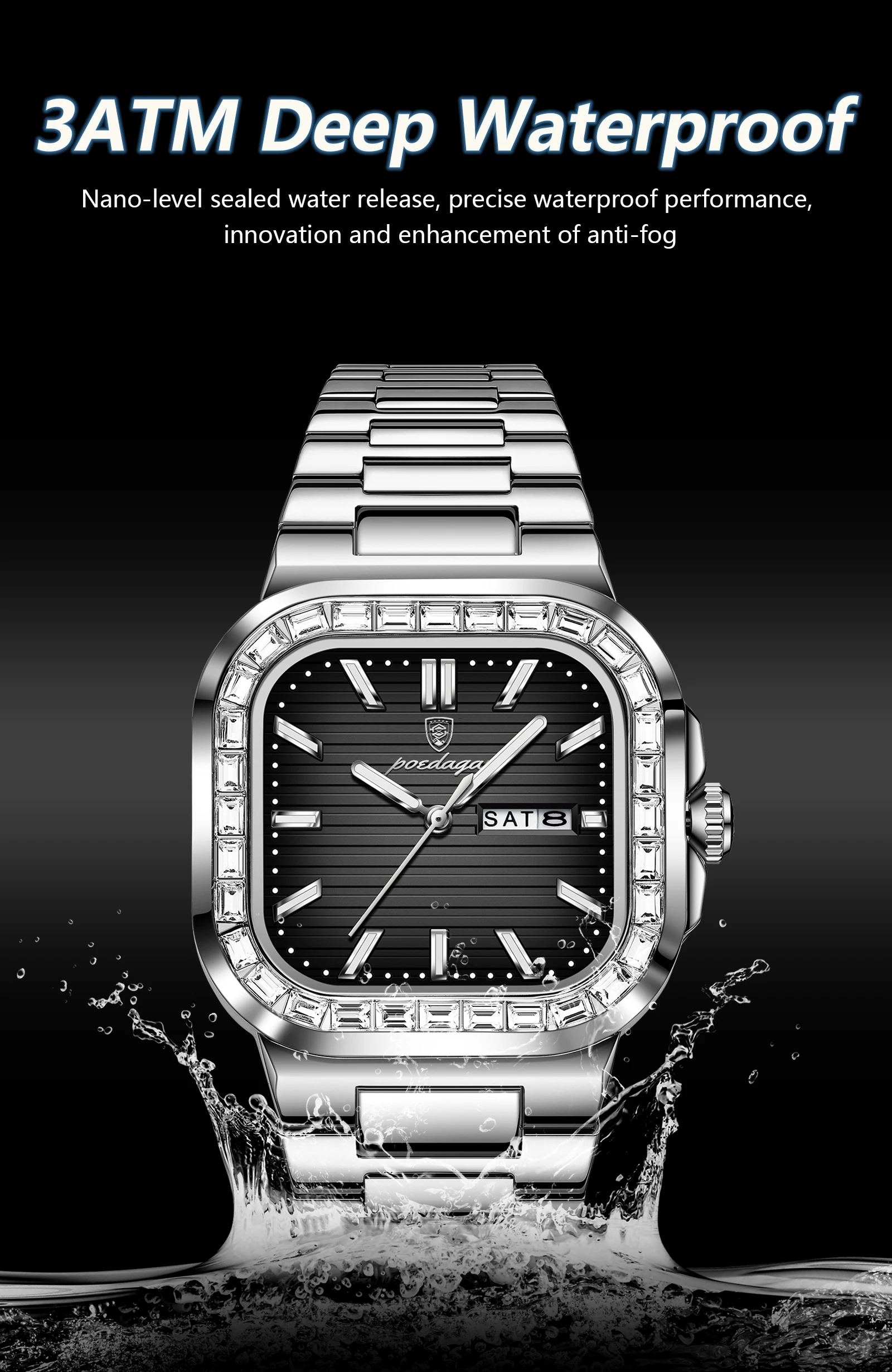 POEDAGAR Square Fashion Men's Watch Date Week Waterproof Luminous Quartz Man Watch Stainless Steel Luxury Sports Watches For Men