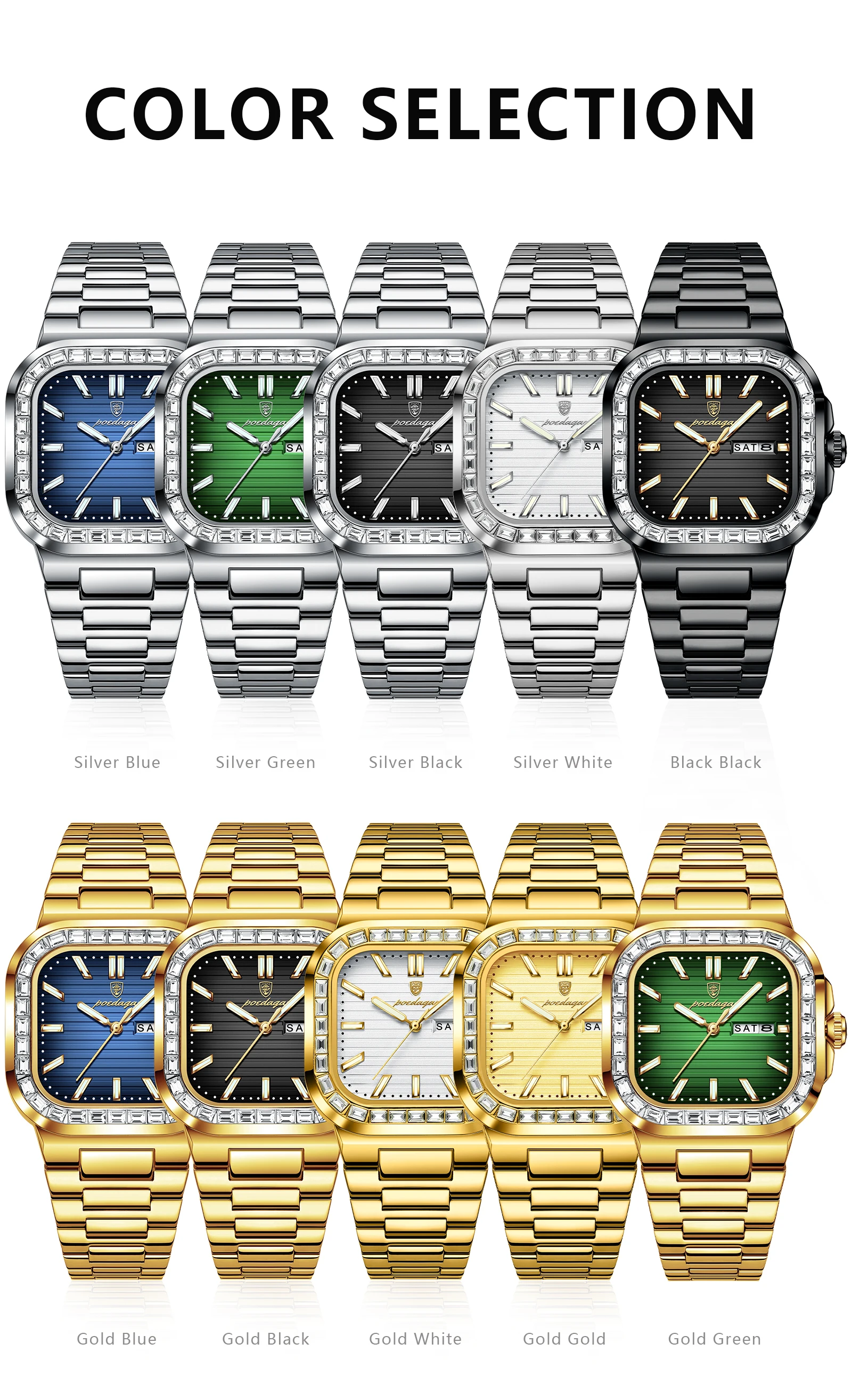 POEDAGAR Square Fashion Men's Watch Date Week Waterproof Luminous Quartz Man Watch Stainless Steel Luxury Sports Watches For Men