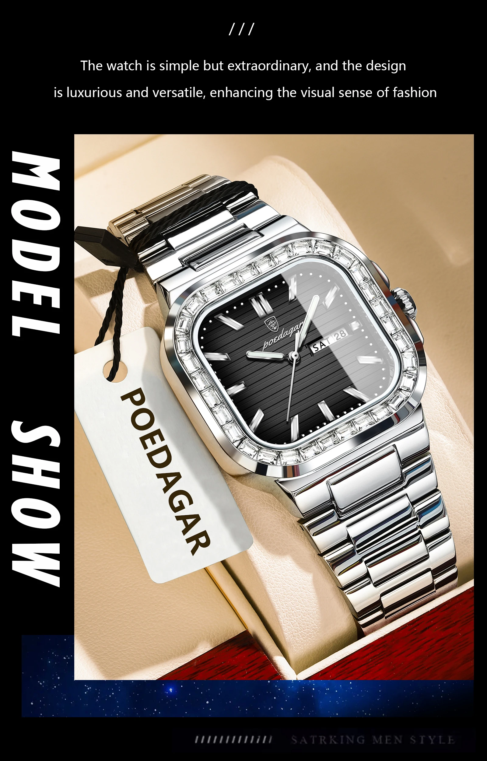 POEDAGAR Square Fashion Men's Watch Date Week Waterproof Luminous Quartz Man Watch Stainless Steel Luxury Sports Watches For Men