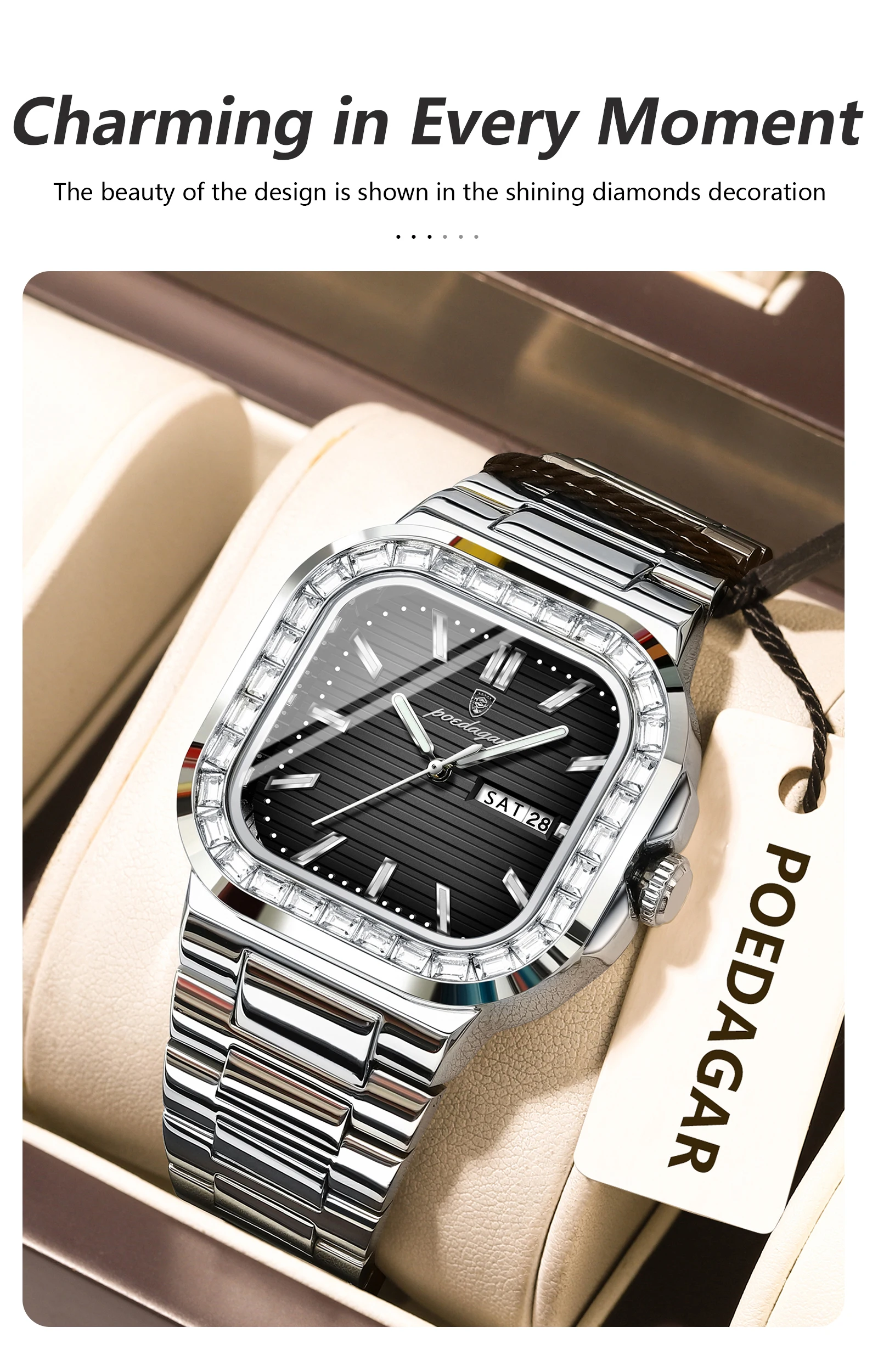 POEDAGAR Square Fashion Men's Watch Date Week Waterproof Luminous Quartz Man Watch Stainless Steel Luxury Sports Watches For Men