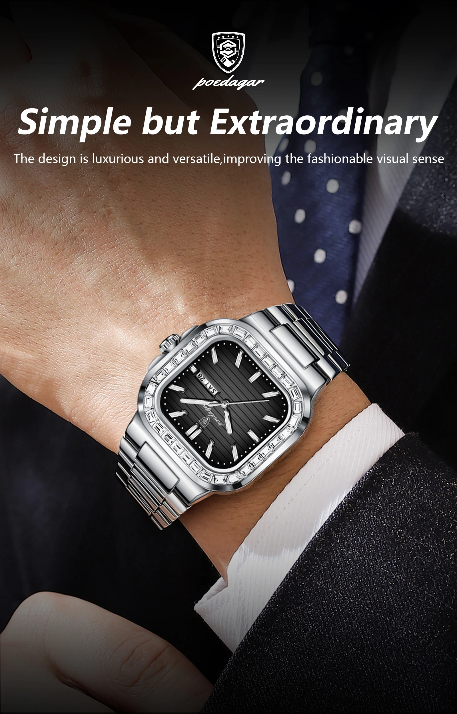 POEDAGAR Square Fashion Men's Watch Date Week Waterproof Luminous Quartz Man Watch Stainless Steel Luxury Sports Watches For Men