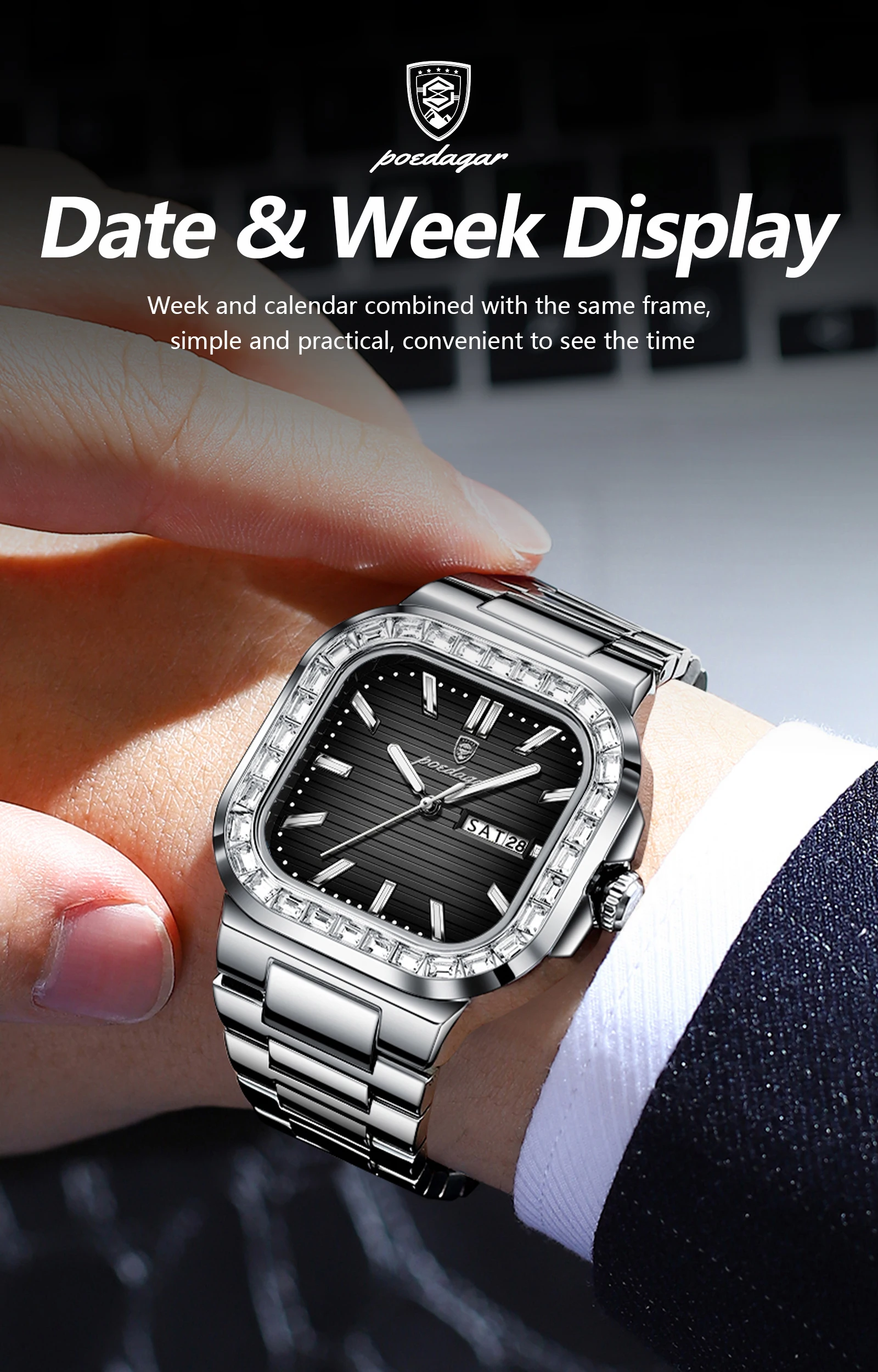 POEDAGAR Square Fashion Men's Watch Date Week Waterproof Luminous Quartz Man Watch Stainless Steel Luxury Sports Watches For Men