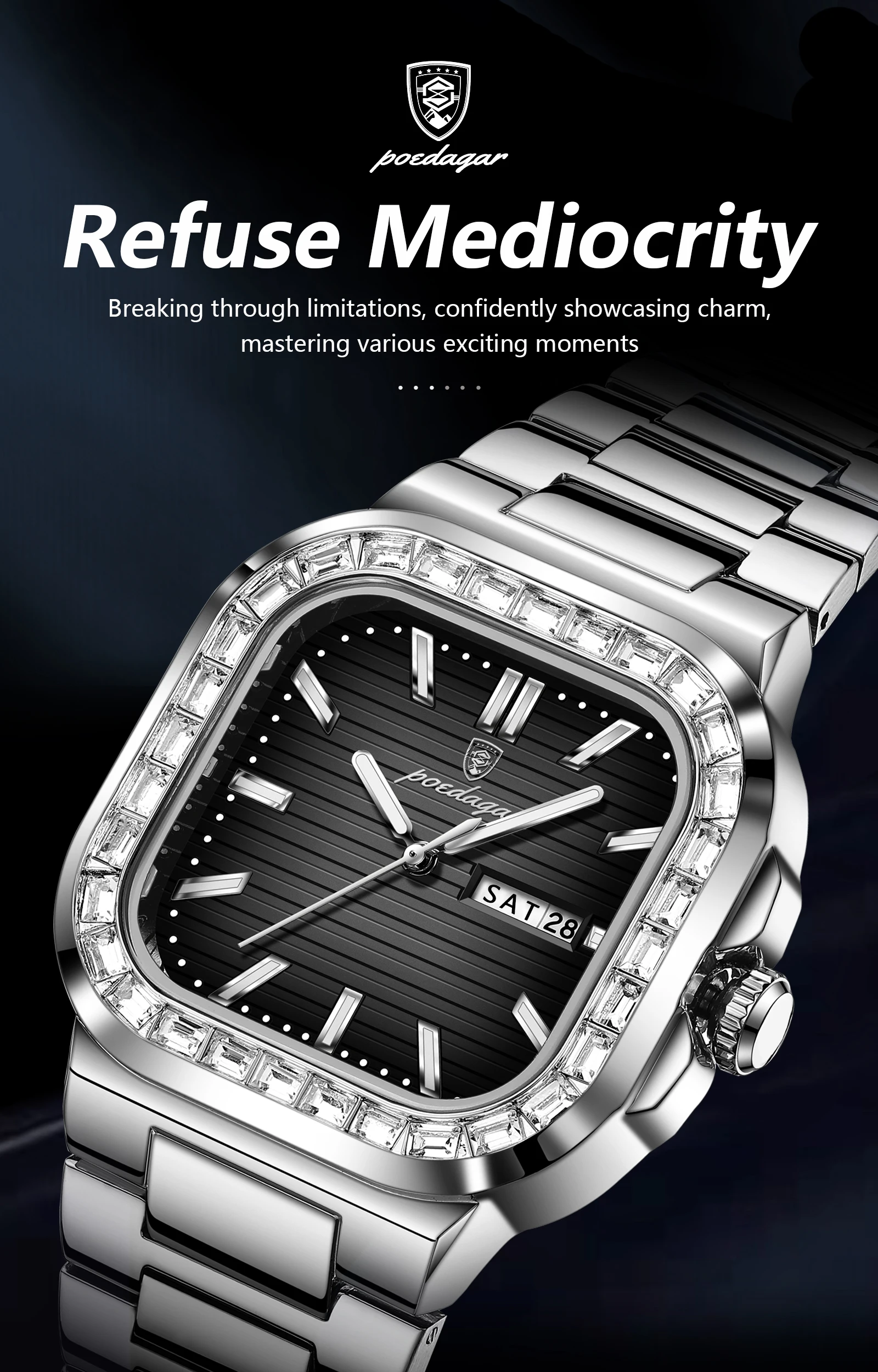 POEDAGAR Square Fashion Men's Watch Date Week Waterproof Luminous Quartz Man Watch Stainless Steel Luxury Sports Watches For Men