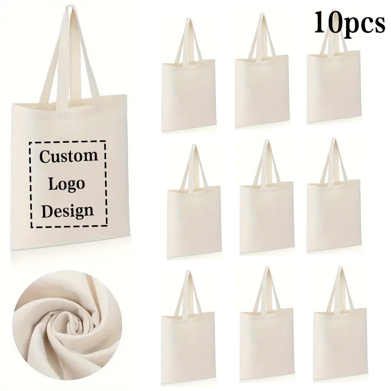 10pcs/lot Custom Logo 10oz Canvas Shoulder Bags Beige/Black/White Eco-Friendly Shopping Bag Personalize Large Capacity Handbags
