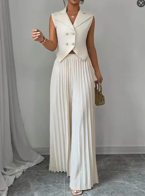 New Women's Fashion Vest Vest Pleated Skirt And Pants Set Summer Temperament Elegant And Simple Solid Color Trousers Sets