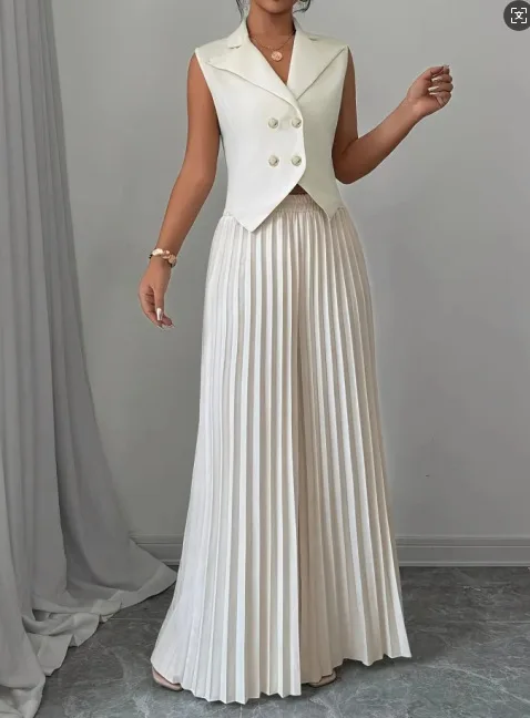 New Women's Fashion Vest Vest Pleated Skirt And Pants Set Summer Temperament Elegant And Simple Solid Color Trousers Sets