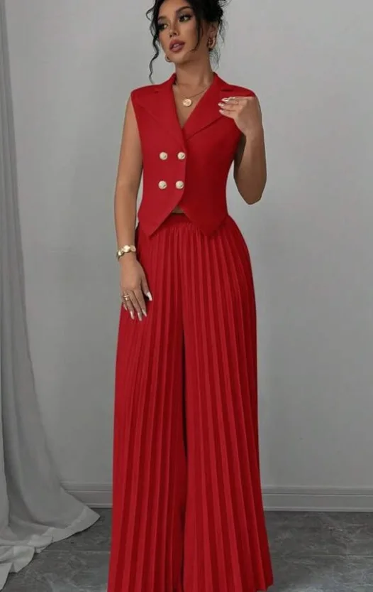 New Women's Fashion Vest Vest Pleated Skirt And Pants Set Summer Temperament Elegant And Simple Solid Color Trousers Sets