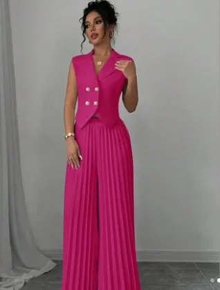 New Women's Fashion Vest Vest Pleated Skirt And Pants Set Summer Temperament Elegant And Simple Solid Color Trousers Sets