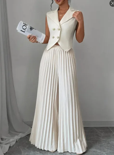 New Women's Fashion Vest Vest Pleated Skirt And Pants Set Summer Temperament Elegant And Simple Solid Color Trousers Sets