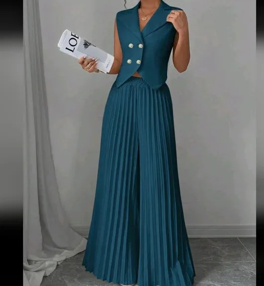 New Women's Fashion Vest Vest Pleated Skirt And Pants Set Summer Temperament Elegant And Simple Solid Color Trousers Sets