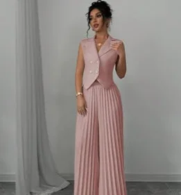 New Women's Fashion Vest Vest Pleated Skirt And Pants Set Summer Temperament Elegant And Simple Solid Color Trousers Sets