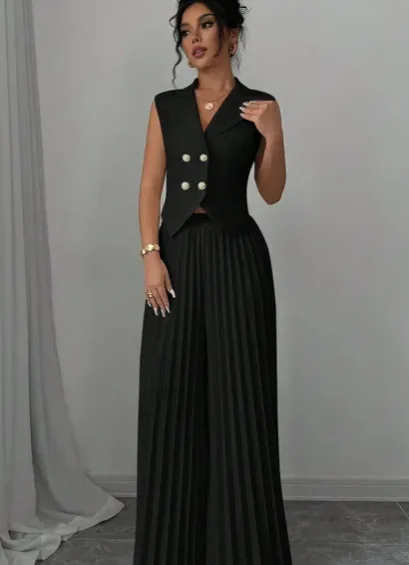 New Women's Fashion Vest Vest Pleated Skirt And Pants Set Summer Temperament Elegant And Simple Solid Color Trousers Sets