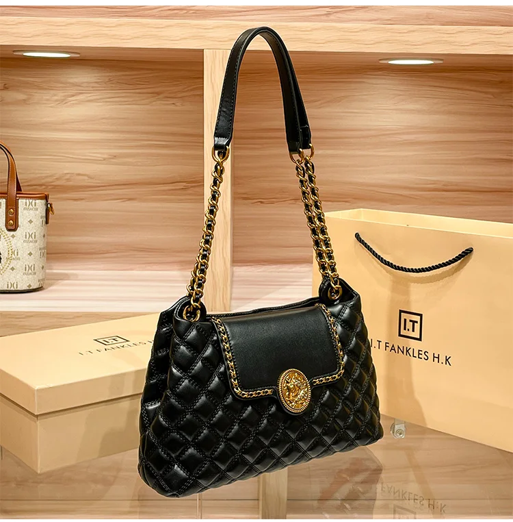 Brand Genuine Leather Chain Bag for Women in 2024, New Designer with a Sense of Luxury, Large Capacity Underarm Shoulder Bag