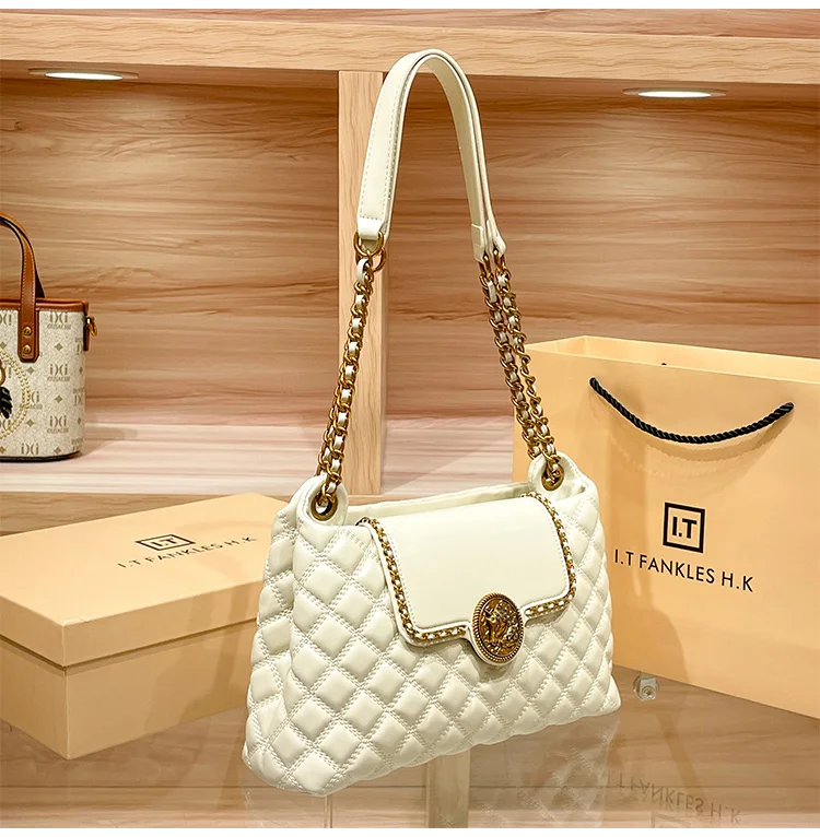 Brand Genuine Leather Chain Bag for Women in 2024, New Designer with a Sense of Luxury, Large Capacity Underarm Shoulder Bag