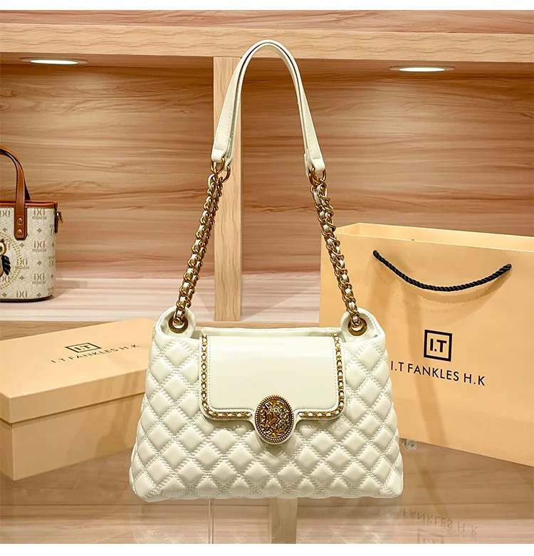 Brand Genuine Leather Chain Bag for Women in 2024, New Designer with a Sense of Luxury, Large Capacity Underarm Shoulder Bag