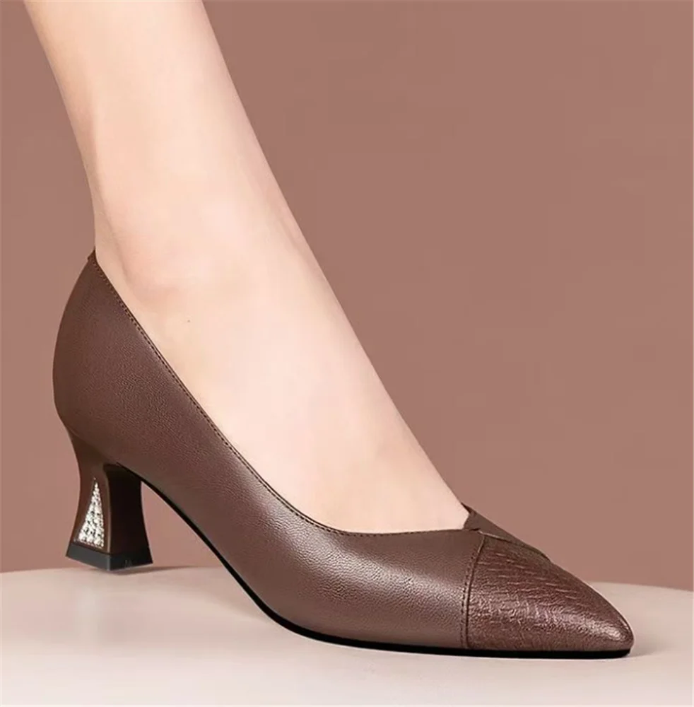 cresfimix women classic pointed toe brown patent leather spring slip on stiletto heel shoes lady casual comfort work pumps ab661
