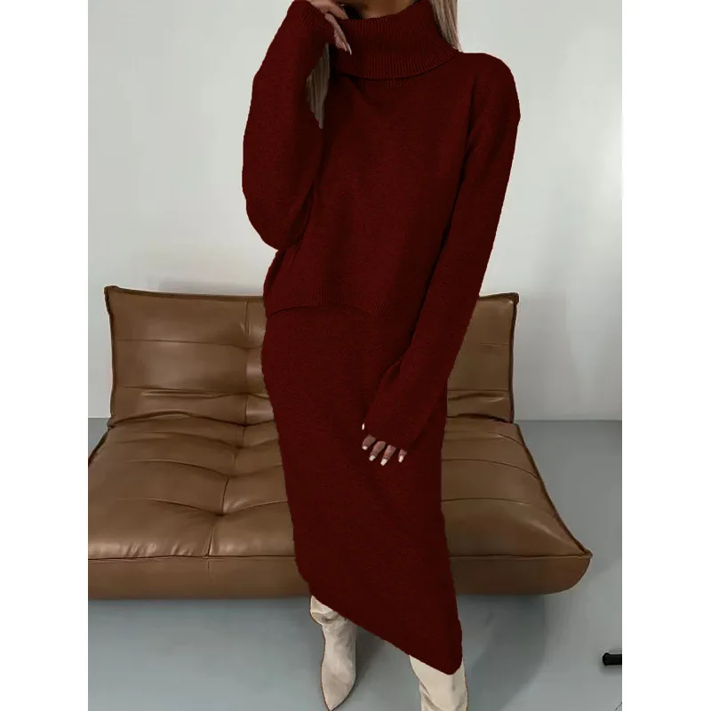 Fashion Knitted 2 Piece Set Autumn New Loose Turtleneck Solid Color Sweater High Waist Long Skirt Suit Elegant Women Clothing