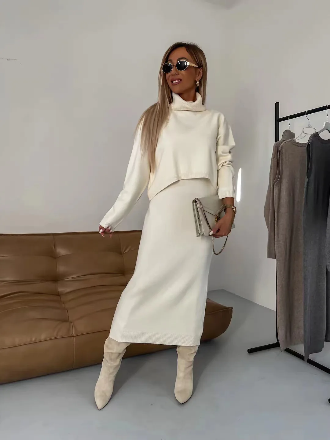 Fashion Knitted 2 Piece Set Autumn New Loose Turtleneck Solid Color Sweater High Waist Long Skirt Suit Elegant Women Clothing