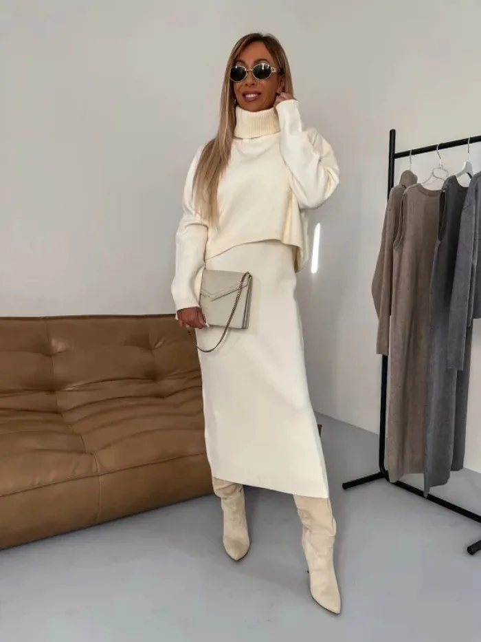 Fashion Knitted 2 Piece Set Autumn New Loose Turtleneck Solid Color Sweater High Waist Long Skirt Suit Elegant Women Clothing
