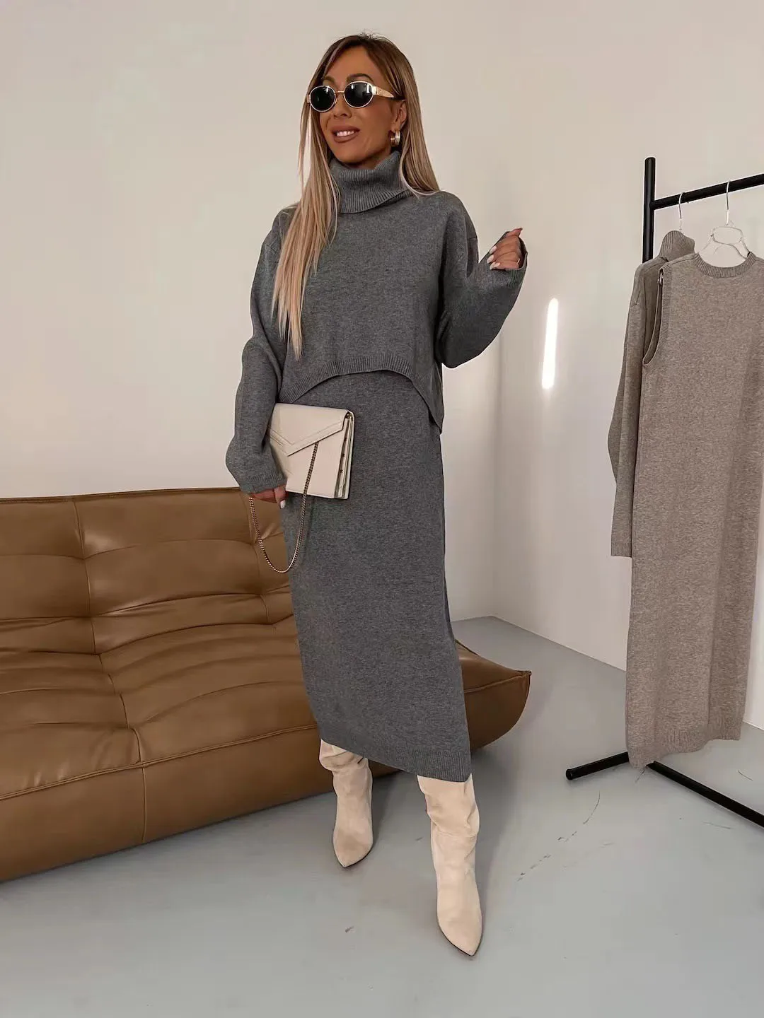 Fashion Knitted 2 Piece Set Autumn New Loose Turtleneck Solid Color Sweater High Waist Long Skirt Suit Elegant Women Clothing