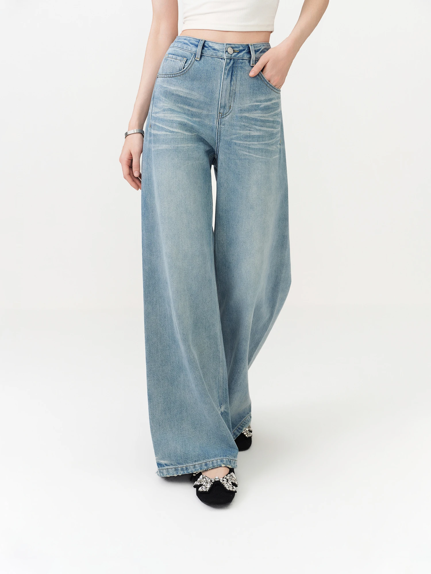 FSLE New Summer Women‘s Wide Leg Jeans Vintage Washed Straight Wide Leg Pants High Waist Denim Trousers Casual Street Style Chic