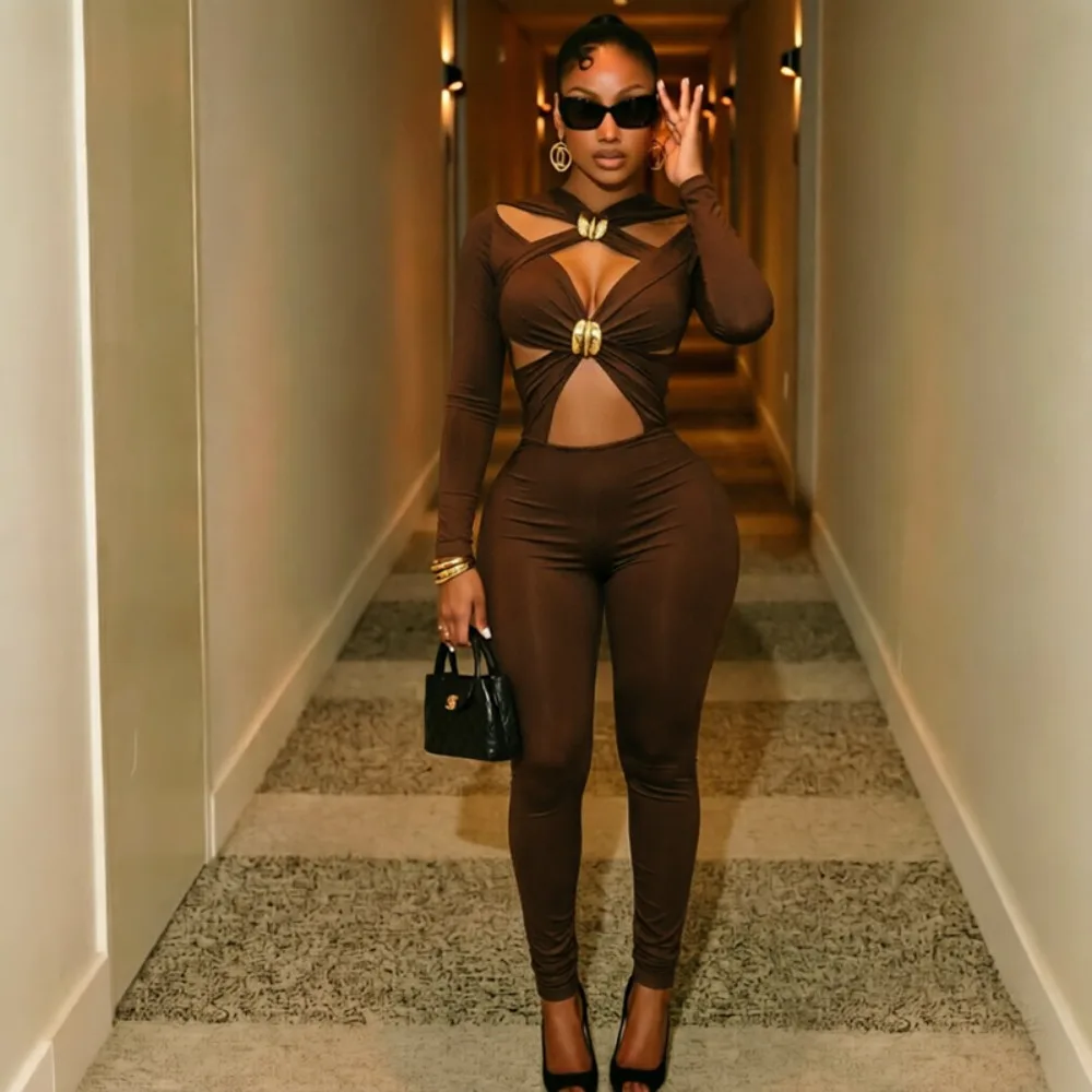 FLARORA Sexy Hollow Out Jumpsuits Woman Trend Metal Buckle Decoration Full Sleeve Skinny Peach Hip Party Club Street Overalls