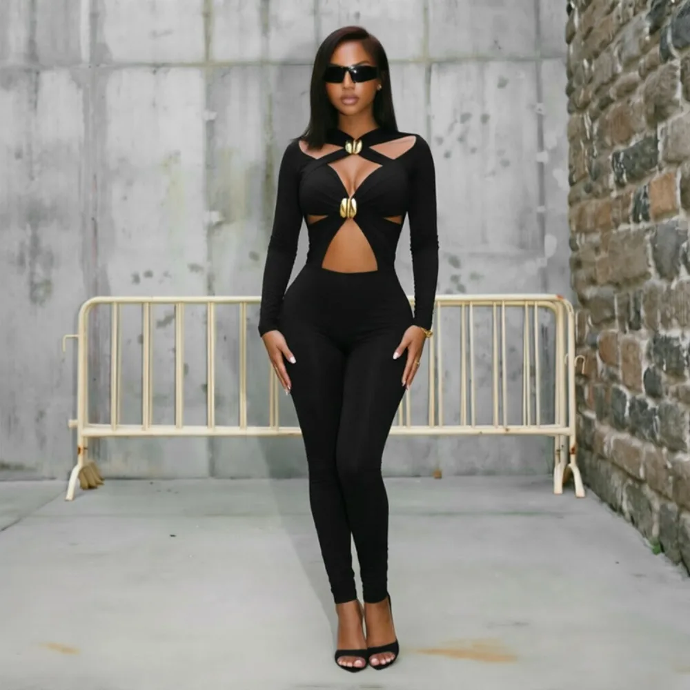 FLARORA Sexy Hollow Out Jumpsuits Woman Trend Metal Buckle Decoration Full Sleeve Skinny Peach Hip Party Club Street Overalls