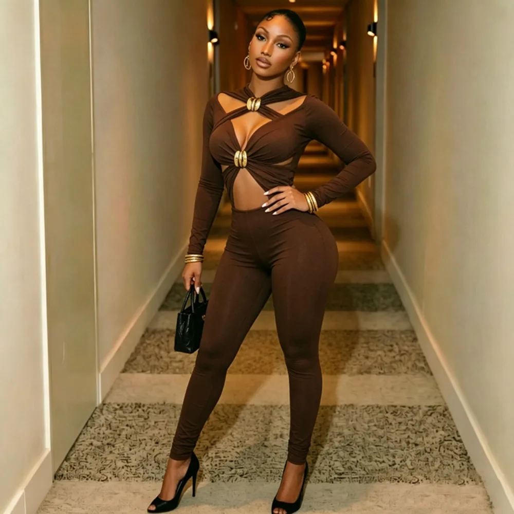 FLARORA Sexy Hollow Out Jumpsuits Woman Trend Metal Buckle Decoration Full Sleeve Skinny Peach Hip Party Club Street Overalls