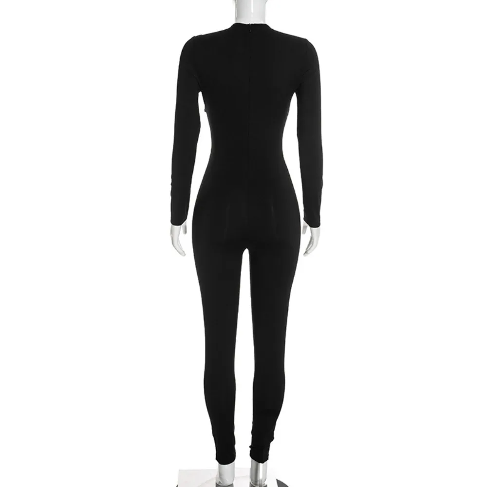 FLARORA Sexy Hollow Out Jumpsuits Woman Trend Metal Buckle Decoration Full Sleeve Skinny Peach Hip Party Club Street Overalls