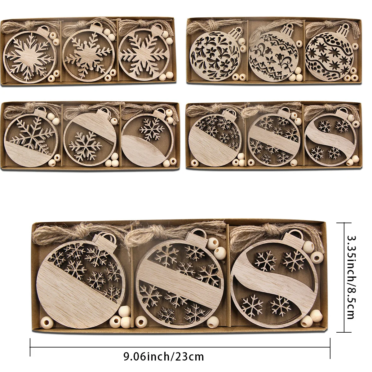 12PCS/Box Wooden Xmas Ball Pendant Hollowed Snowflake Hanging Ornaments for Noel Tree Decorations DIY Gifts Wrapping Supplies
