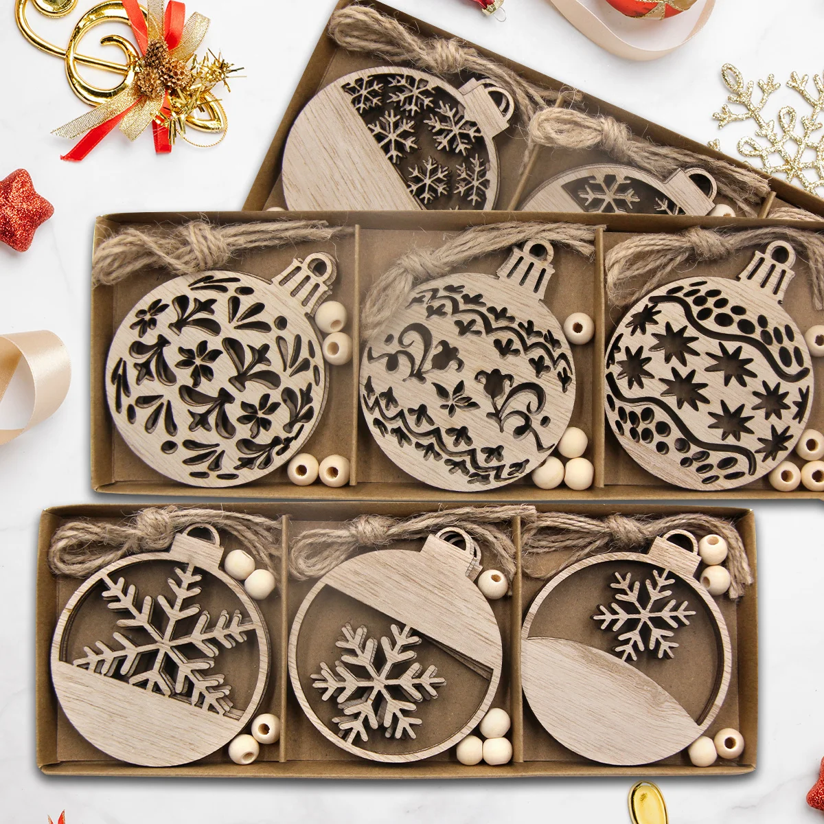12PCS/Box Wooden Xmas Ball Pendant Hollowed Snowflake Hanging Ornaments for Noel Tree Decorations DIY Gifts Wrapping Supplies