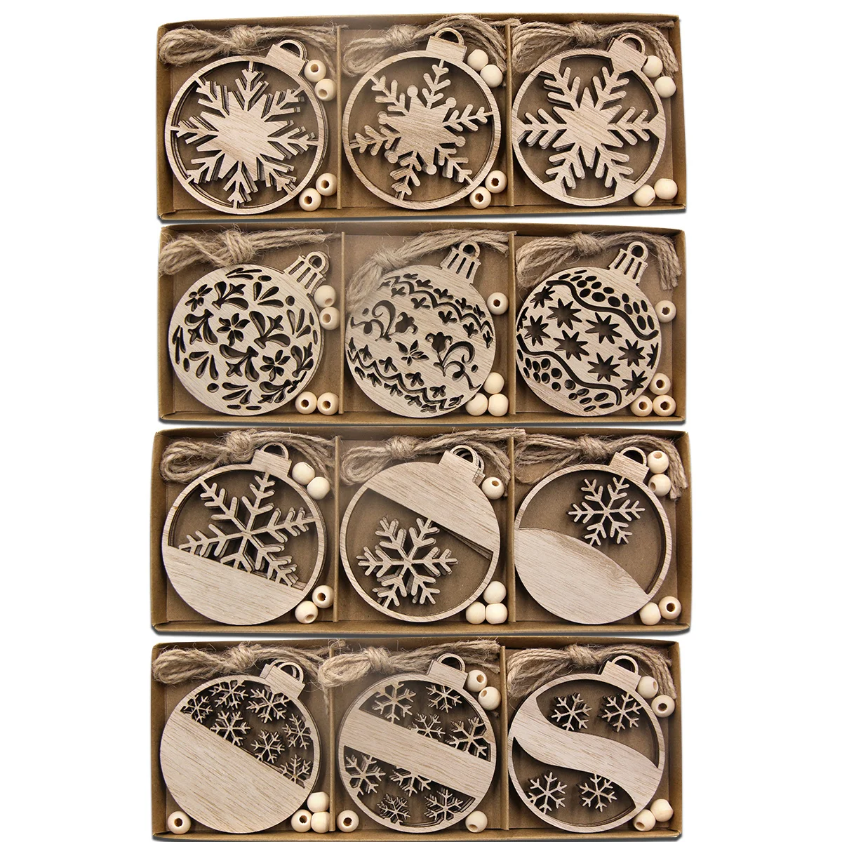 12PCS/Box Wooden Xmas Ball Pendant Hollowed Snowflake Hanging Ornaments for Noel Tree Decorations DIY Gifts Wrapping Supplies