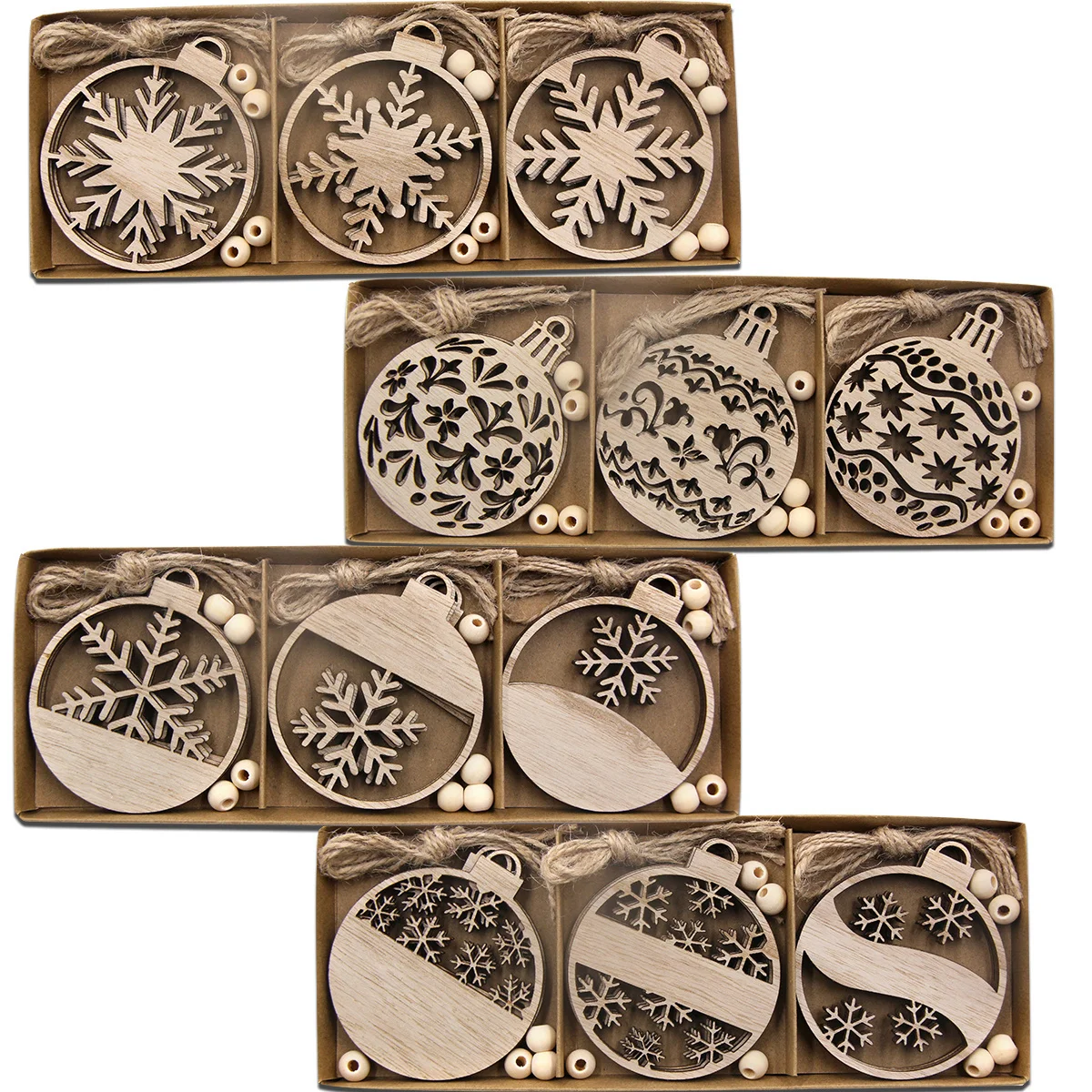 12PCS/Box Wooden Xmas Ball Pendant Hollowed Snowflake Hanging Ornaments for Noel Tree Decorations DIY Gifts Wrapping Supplies