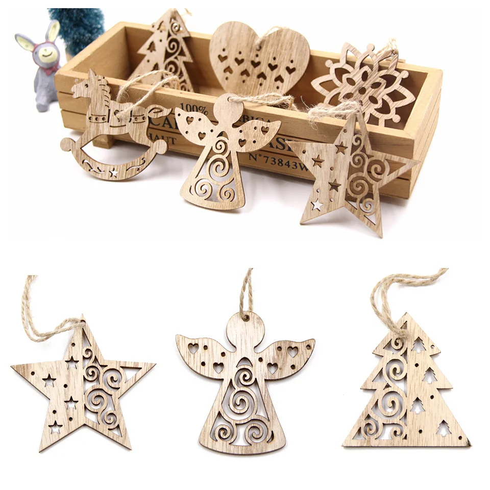 6PCS Vintage Christmas Wooden Pendants Hollow Hanging Ornaments for Christmas Tree Decorations Kids Xmas Gifts DIY Painting