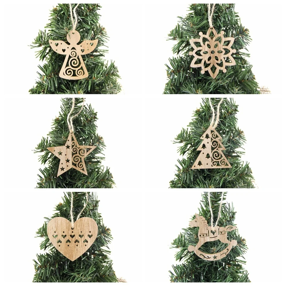 6PCS Vintage Christmas Wooden Pendants Hollow Hanging Ornaments for Christmas Tree Decorations Kids Xmas Gifts DIY Painting