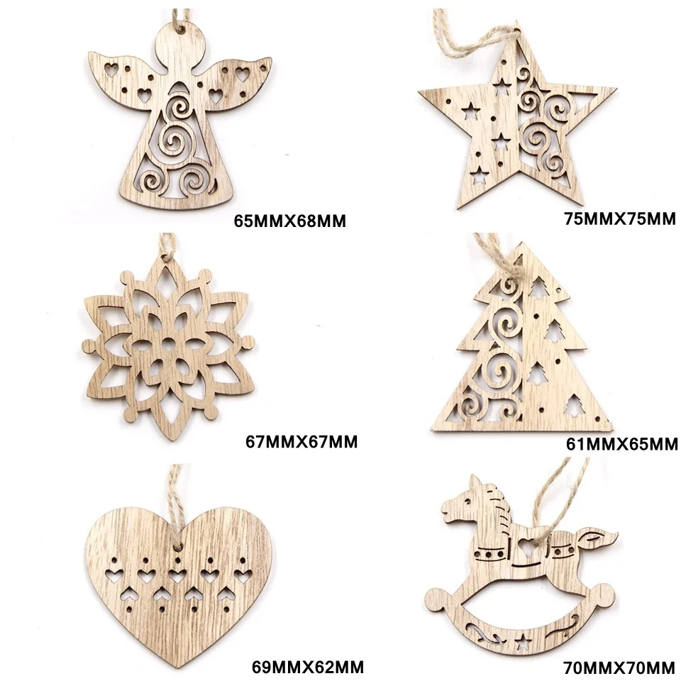6PCS Vintage Christmas Wooden Pendants Hollow Hanging Ornaments for Christmas Tree Decorations Kids Xmas Gifts DIY Painting