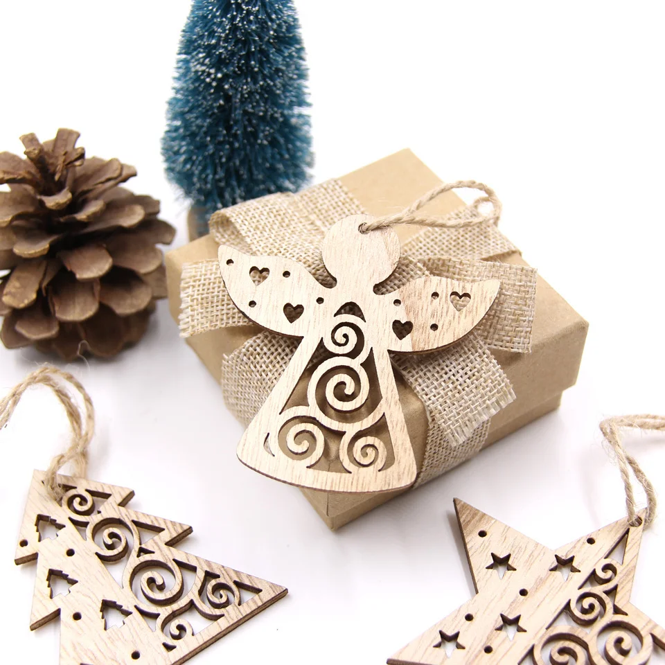 6PCS Vintage Christmas Wooden Pendants Hollow Hanging Ornaments for Christmas Tree Decorations Kids Xmas Gifts DIY Painting