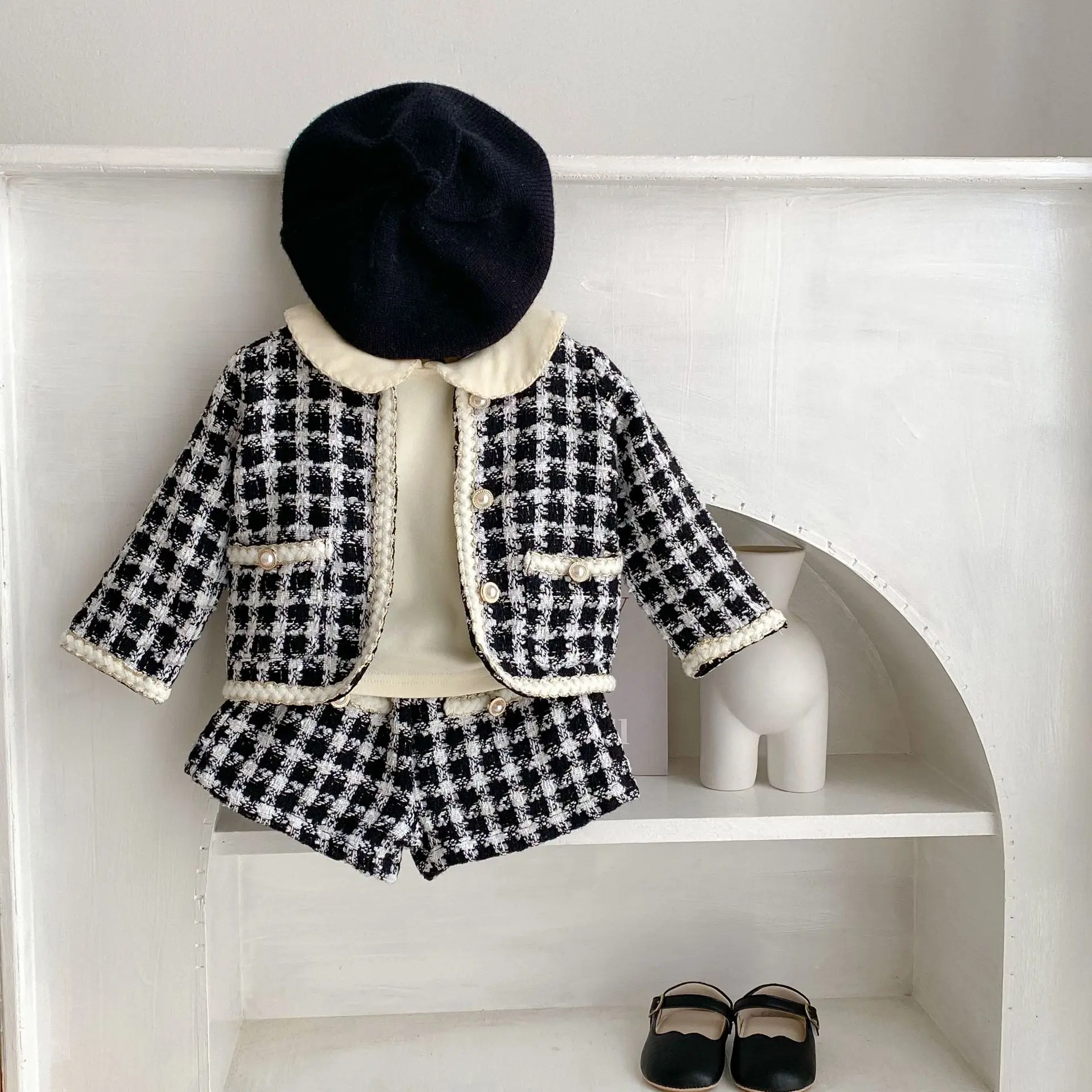 Girl Clothing Set 2026 Spring Baby Tweed Plaid Girl's Two Piece Suit Jacket+ Short Pants Sweet Girl's Suit