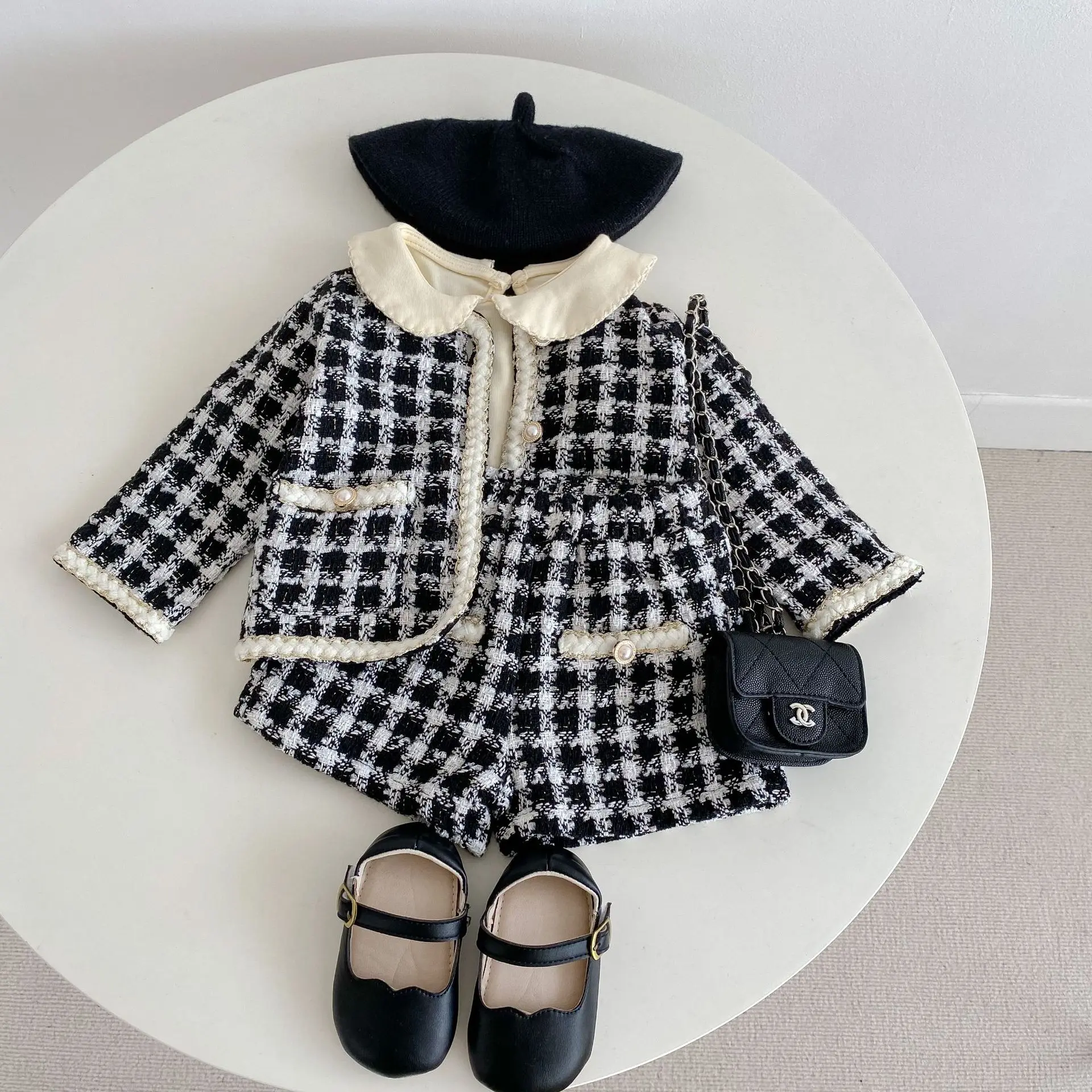 Girl Clothing Set 2026 Spring Baby Tweed Plaid Girl's Two Piece Suit Jacket+ Short Pants Sweet Girl's Suit