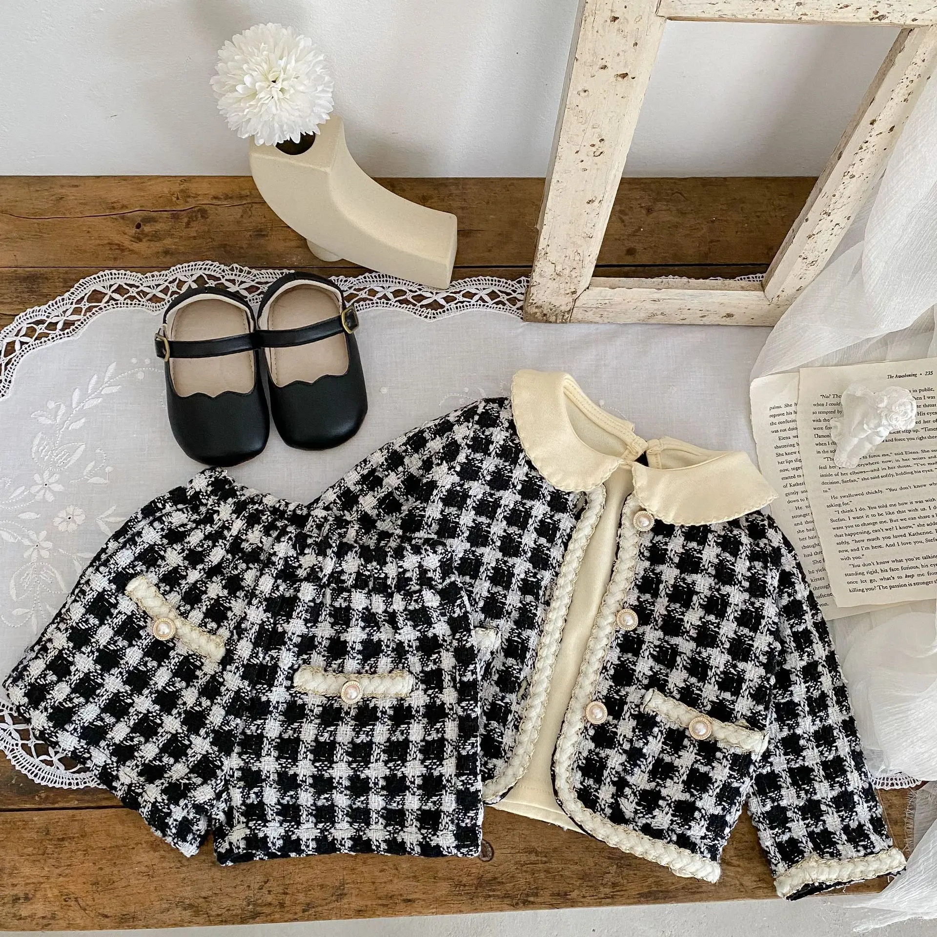 Girl Clothing Set 2026 Spring Baby Tweed Plaid Girl's Two Piece Suit Jacket+ Short Pants Sweet Girl's Suit