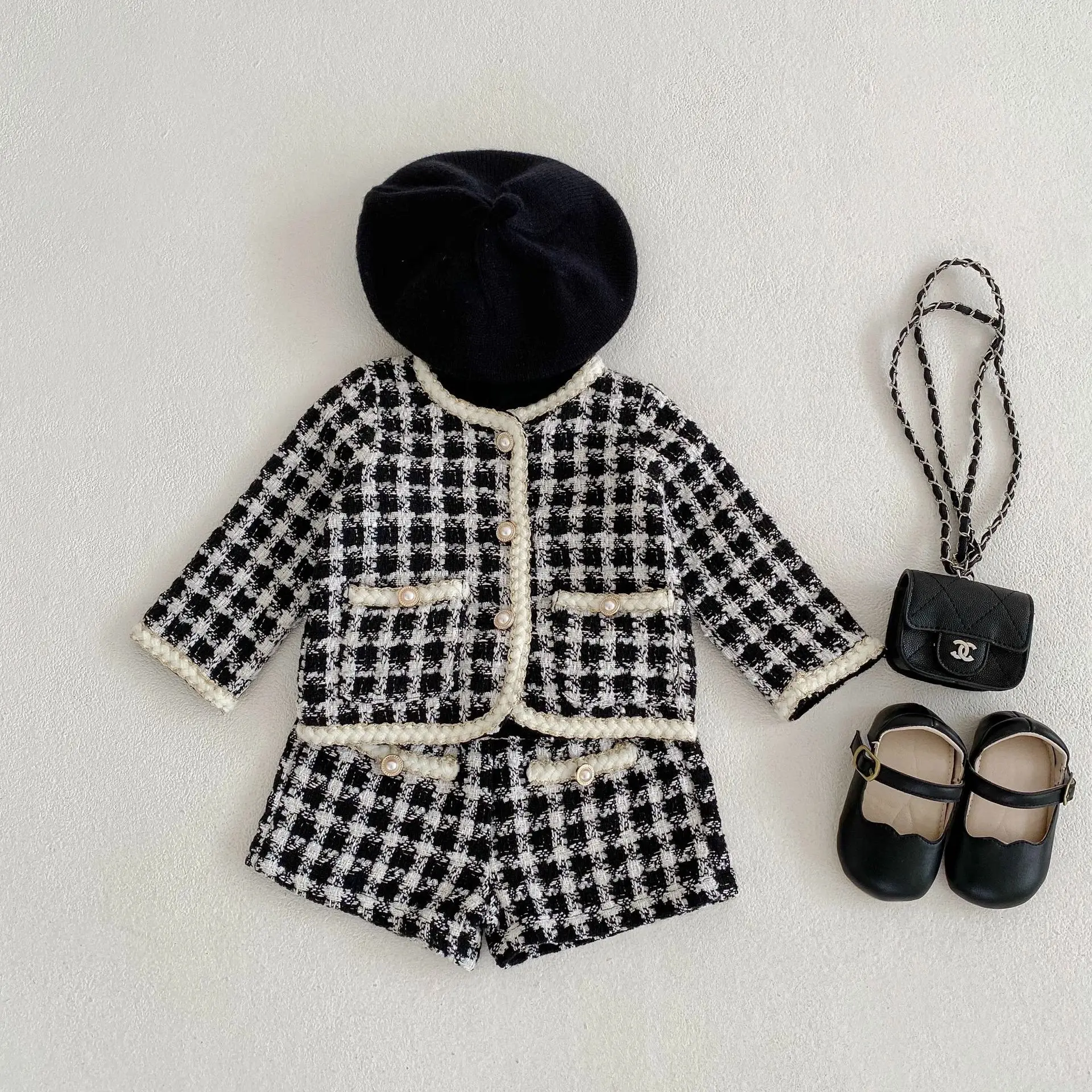 Girl Clothing Set 2026 Spring Baby Tweed Plaid Girl's Two Piece Suit Jacket+ Short Pants Sweet Girl's Suit