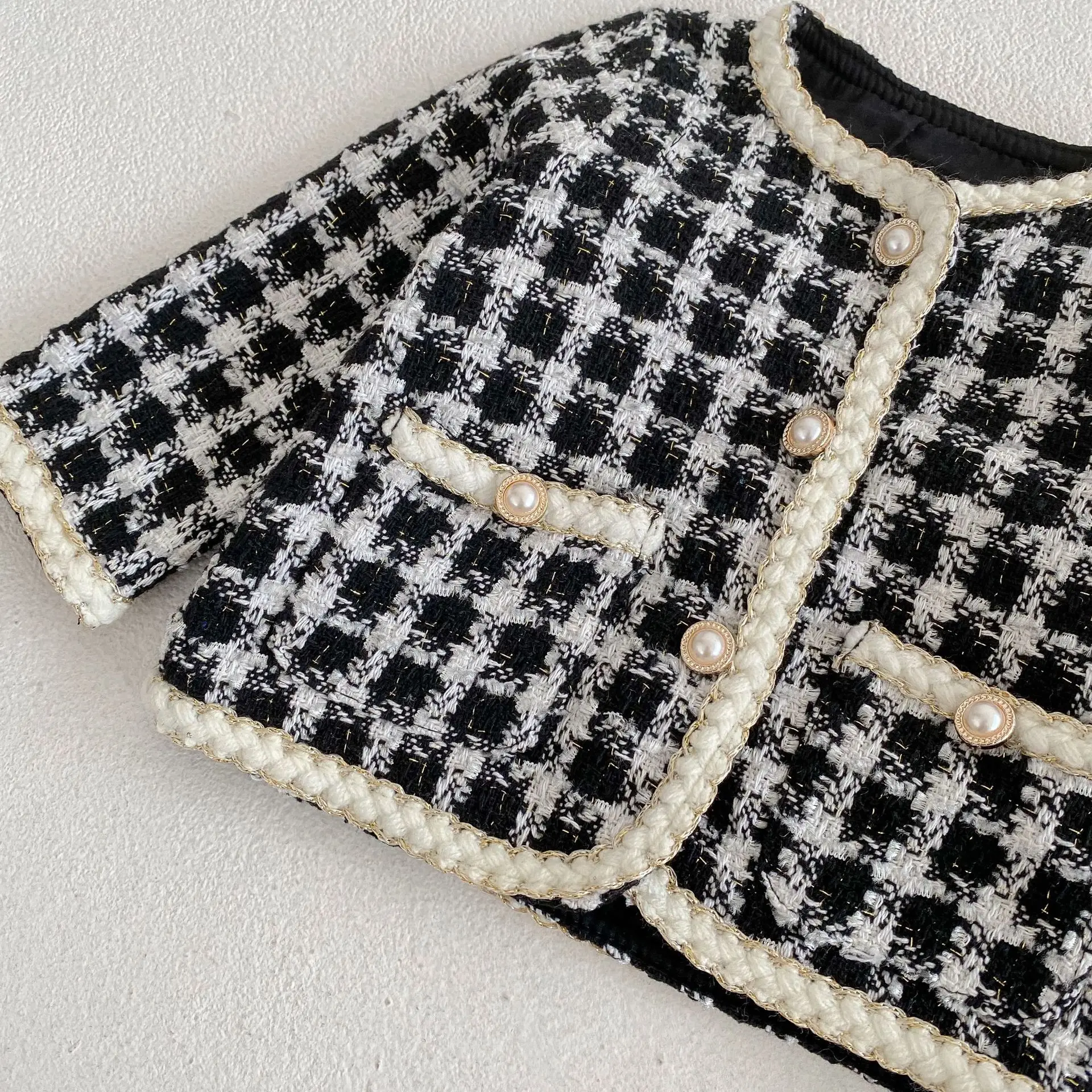 Girl Clothing Set 2026 Spring Baby Tweed Plaid Girl's Two Piece Suit Jacket+ Short Pants Sweet Girl's Suit