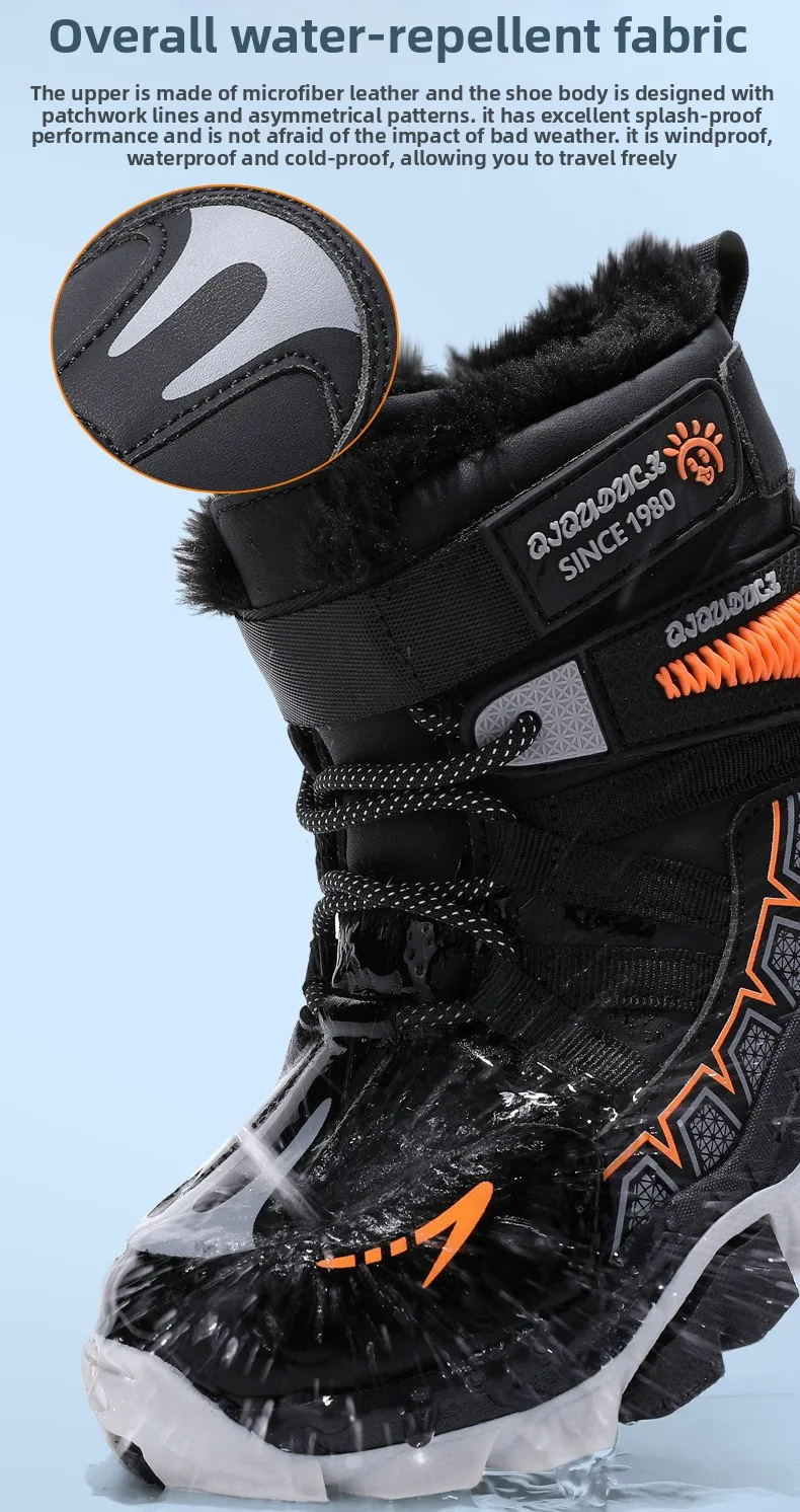 Kids Snow Boots Winter Fashion High Top Warm Plush Comfortable Anti Slip Stable Walking Shoes Boys Outdoor Sneakers Size 30-40