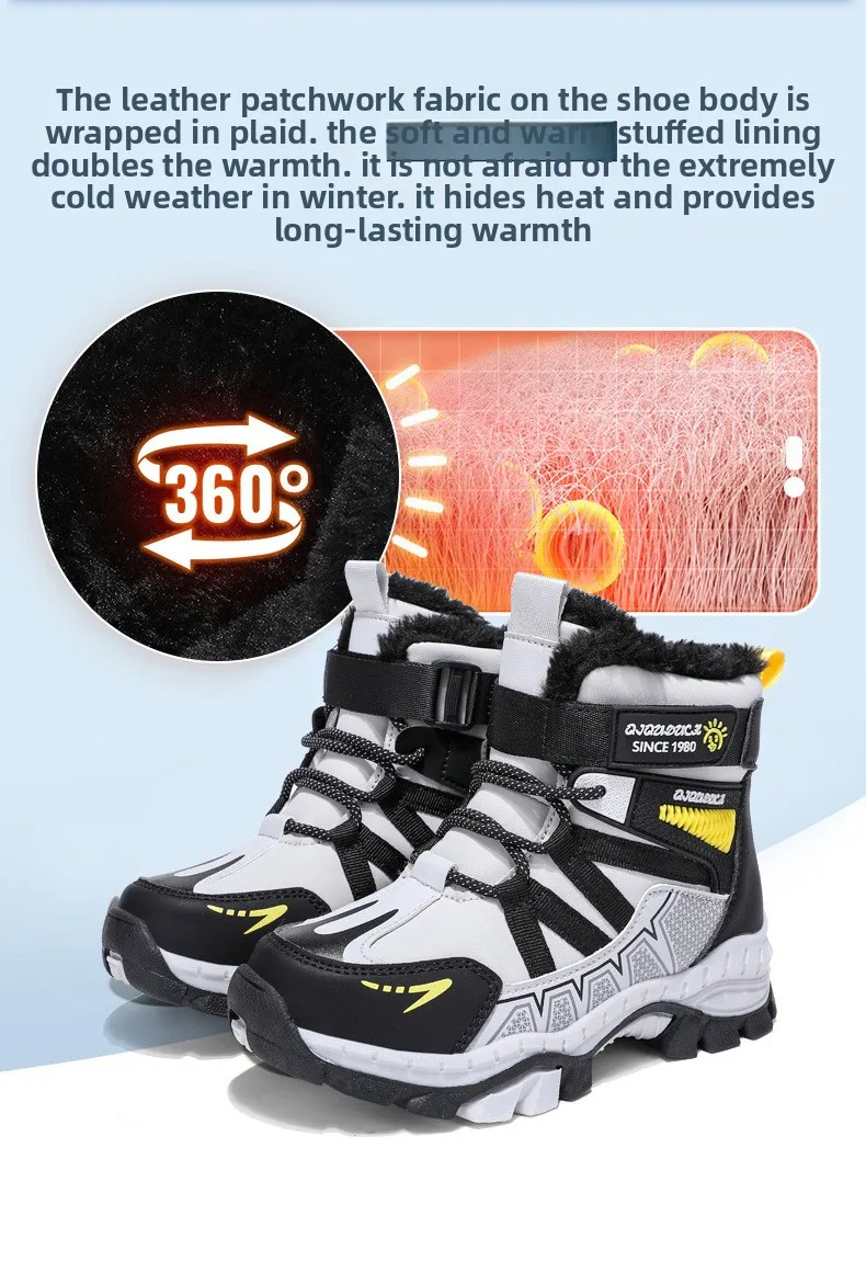 Kids Snow Boots Winter Fashion High Top Warm Plush Comfortable Anti Slip Stable Walking Shoes Boys Outdoor Sneakers Size 30-40