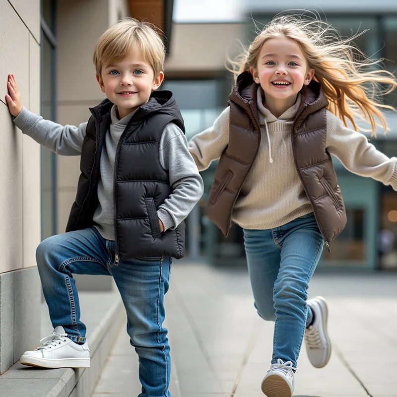 2026 Autumn Winter New Boys Girls Vest Solid Color Waterproof Thick Keep Warm Zipper Jacket For 4-14Y Kids Cotton Down Waistcoat